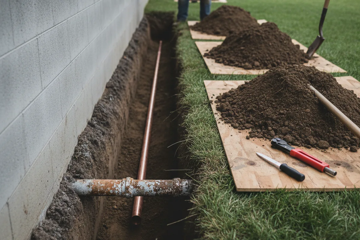 Excavated water line trench during Sewer Line Repair in Cashion